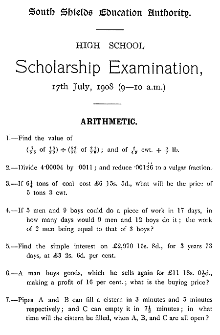 scholarship 1908 - arithmetic